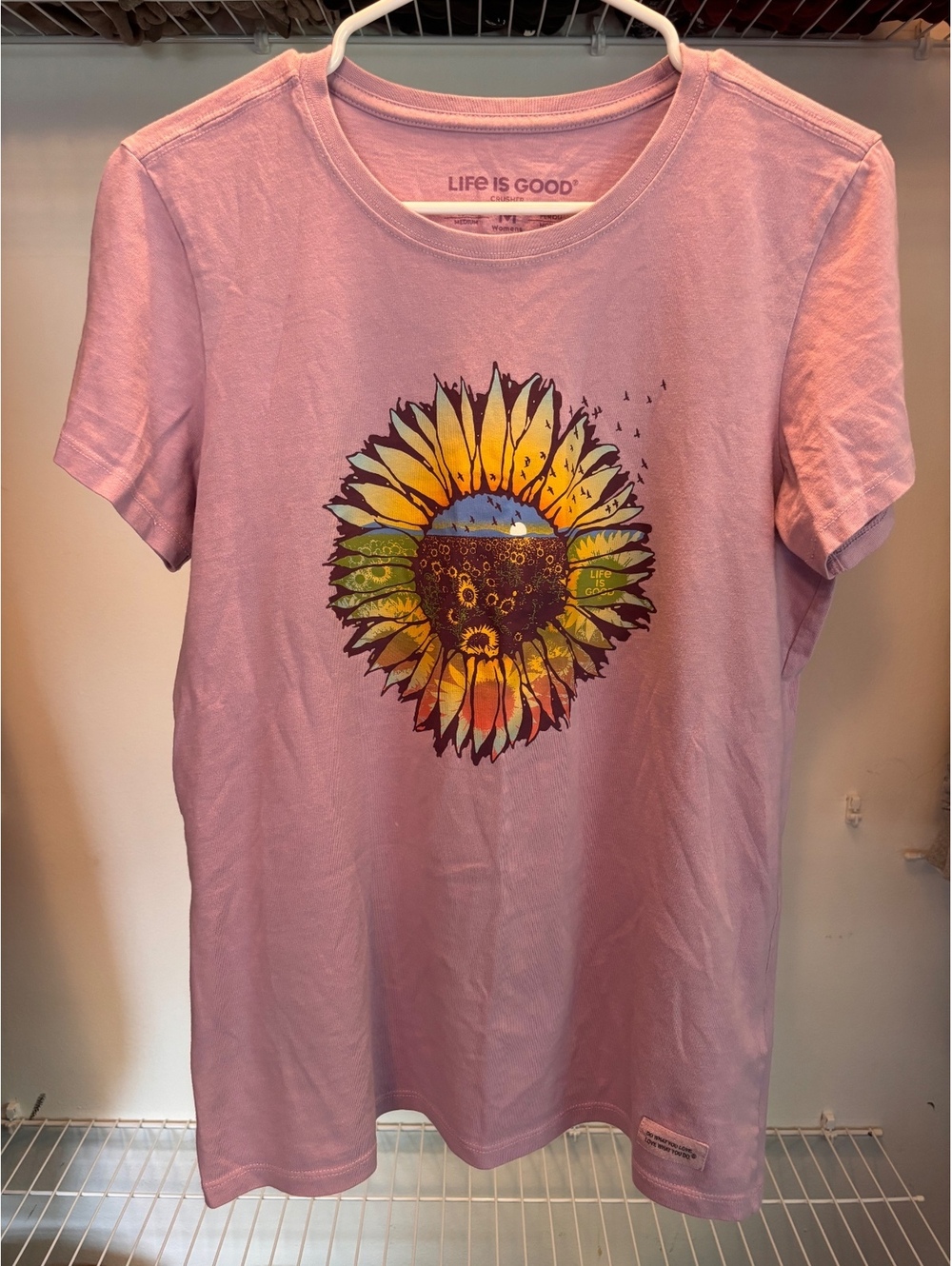 Life is Good Women's Medium Crusher T-Shirt with Sunflower &